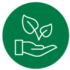 Ikon med hand som håller i ett löv på en grön rund platta