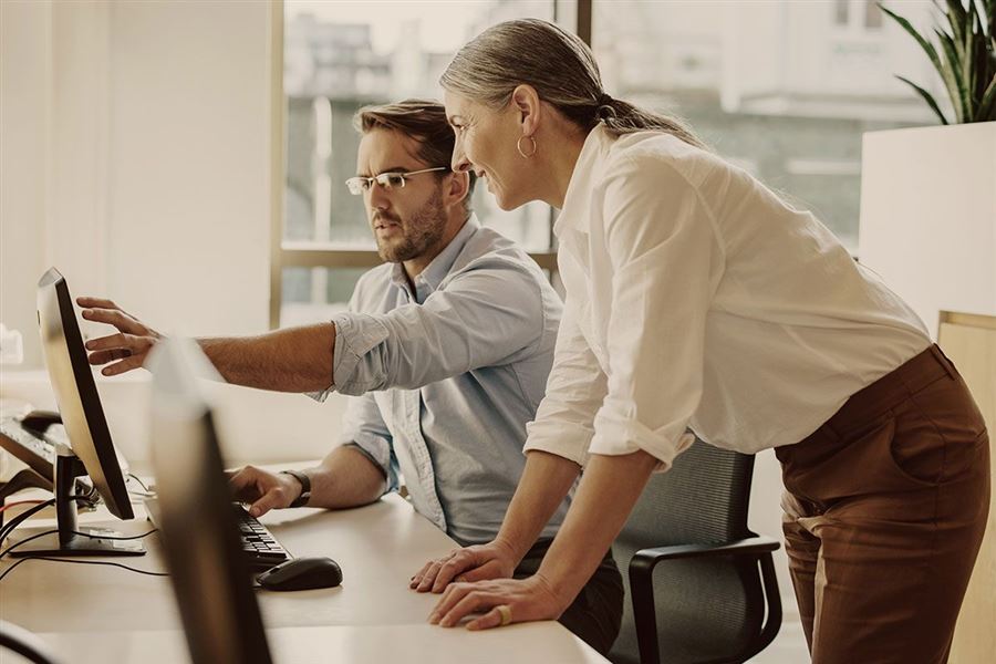 Two colleagues looking at a screen